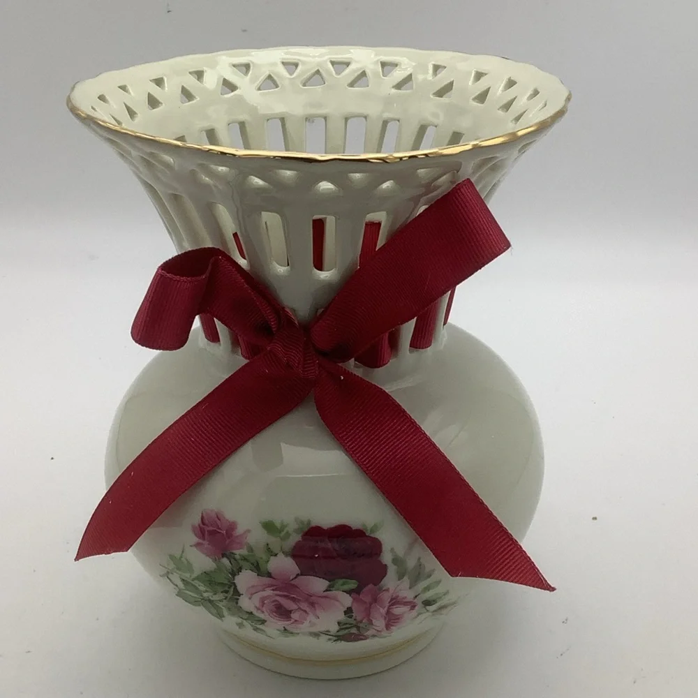 Formalities by Baum Bros. Victorian Rose Vase with Red Ribbon Accent
